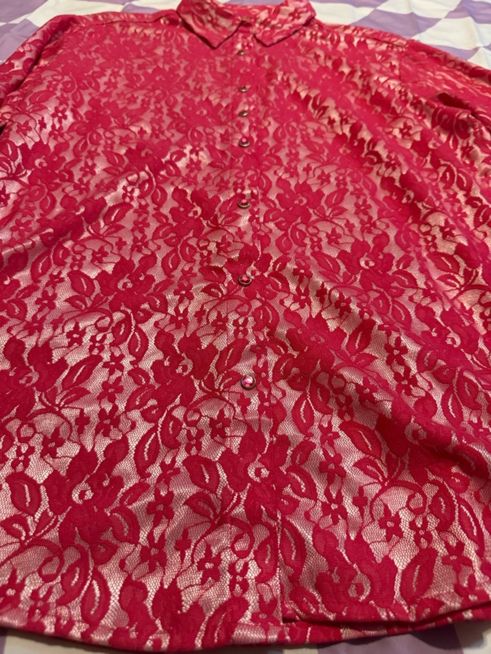 Wrangler Western Pink Lace Metallic Snap Front Shirt - Large - Y2K Glam - Picture 3 of 12